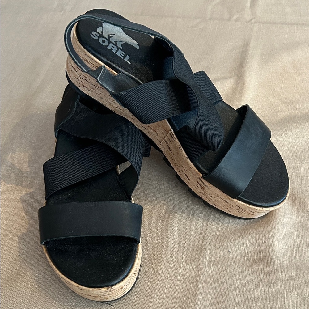 Sorel Black Cork-Platform Crisscross Sandal